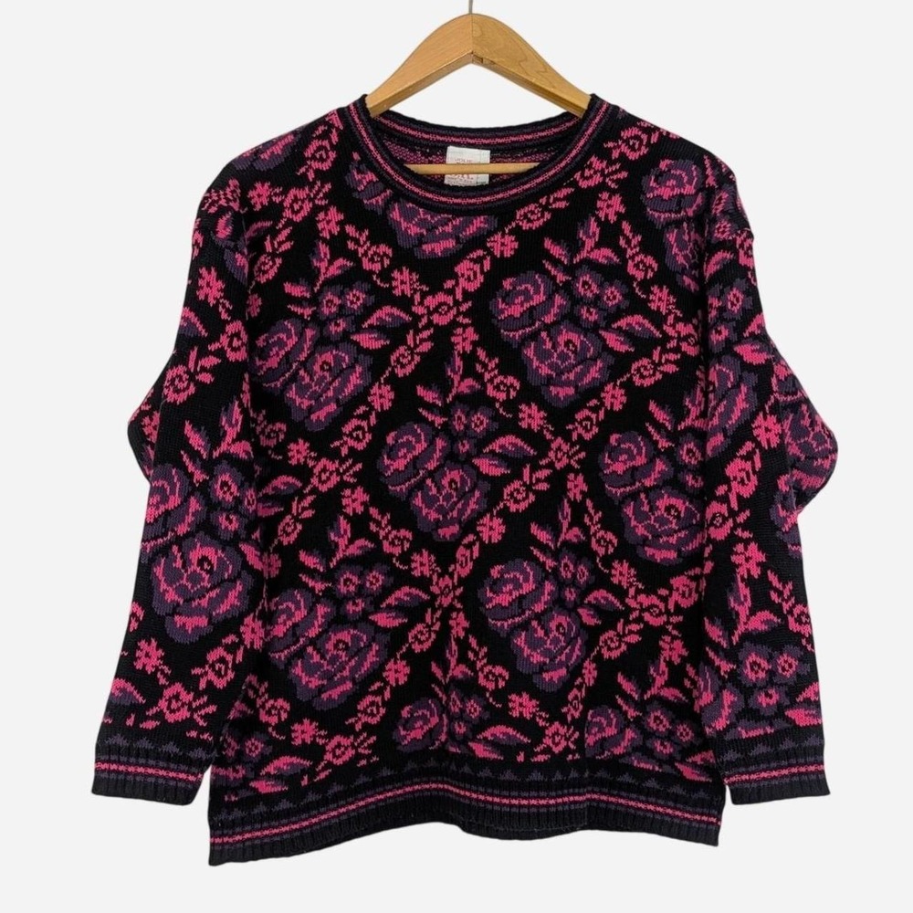 Jolie Vintage Rose Floral Jacquard Acrylic Knit Sweater USA Large